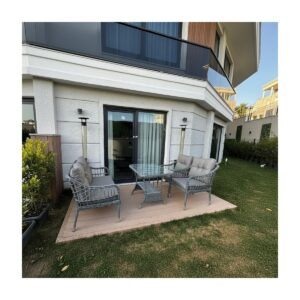 Kaş 2+1+1+Sehpa Bahçe Balkon Mobilyası,Gri Kumaş / Gri Rattan